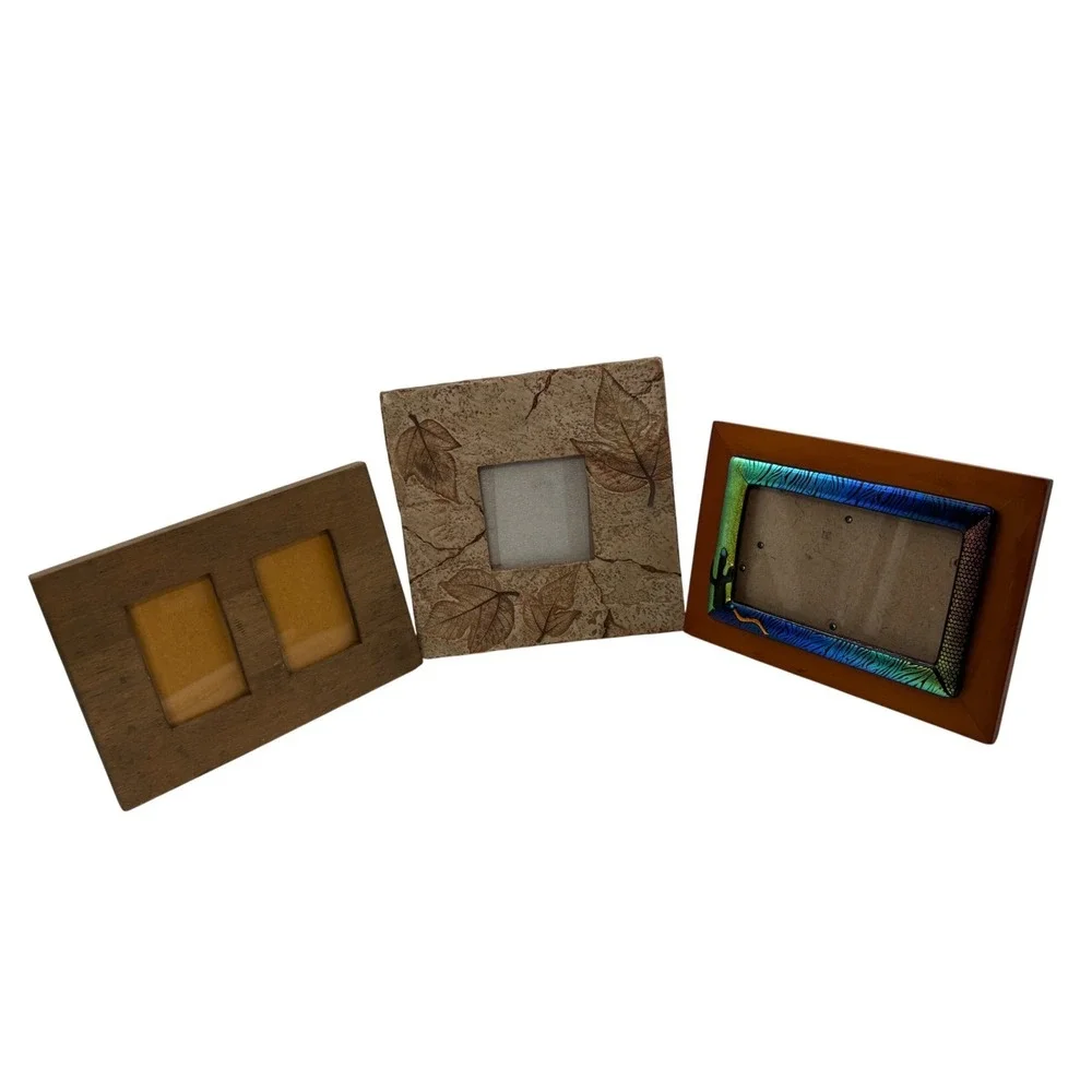 Vintage Earthen Nature Picture Frames Set 3 Wood Leaf Stone Iridescent Southwest